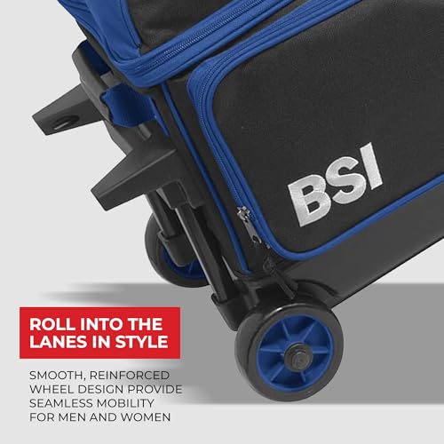 BSI Dash Roller Bowling Bag with Smooth Rolling Wheels, Padded Ball Compartment, Retractable Locking Handle, & Shoe Pocket - color: Black/Blue/Gray, style: Triple