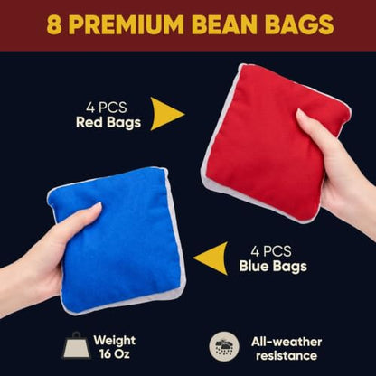 Premium Regulation Cornhole Set - Two 4x2FT Double Hole Boards with Built-in Scoreboard, 1 Canvas Tote Bag & 8 Professional Gusseted Dual-Sided Red & Blue Duck Canvas/Suede Bean Bags