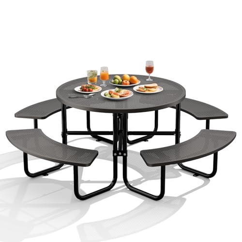 Round Heavy Duty Picnic Table for Outdoors Commercial Camping Table with Umbrella Hole up to 1.78" Black Coated Steel Frame Waterproof Rust Resistant 3200 lbs Load Capacity - color: Black, size: Round