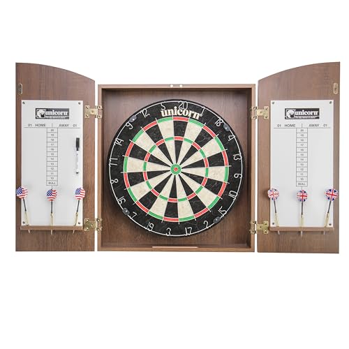 Unicorn Oxford Dartboard Cabinet Set - Official Size Bristle Board - Rotatable Metal Number Ring - Self-Healing Sisal Board - Round Metal Divider Wires - Black Laminate Cabinet with Wall Protection