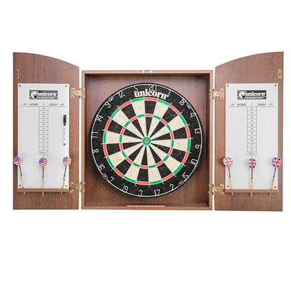 Unicorn Oxford Dartboard Cabinet Set - Official Size Bristle Board - Rotatable Metal Number Ring - Self-Healing Sisal Board - Round Metal Divider Wires - Black Laminate Cabinet with Wall Protection