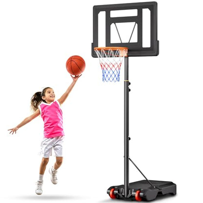 Asbest Kids Basketball Hoop Outdoor, 5.08-7 FT Adjustable Height, 32Inch Portable Basketball Hoop for Kids in Backyard, Driveway, Indoor, Shatterproof PC Backboard
