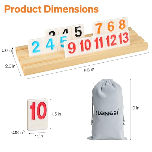 ELONGDI Rummy Cube 6 Player Large Numbers Edition, 160 Rummy Tiles with 6 Wooden Racks, Portable Case & Storage Bag - Classic Board Game for Family Adults & Kids