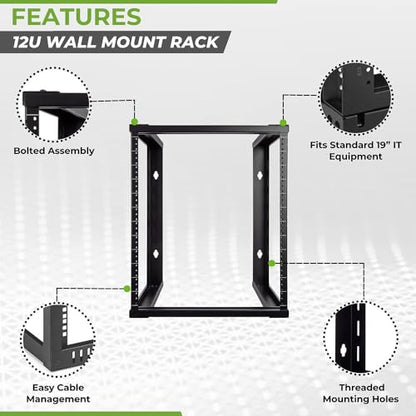 NavePoint 12U Wall Mount Rack - Server Rack for 19 Inch IT Equipment Open Frame Rack – Network Rack for AV & Server Equipment 16” Deep Rack, Black - size: 12U