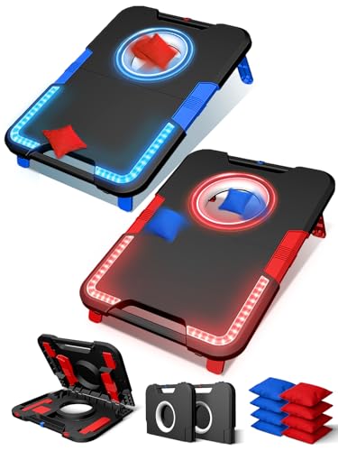 LED Light Up Kids Cornhole Board Set with Scoring & Sound Effects, 3-in-1 Portable Kids Bean Bag Toss Game for Adults & Family, Foldable Outdoor Toys for Backyard, Camping, Party (2 Boards, 8 Bags)