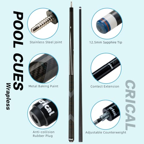 CRICAL Carbon Fiber Pool Cue Stick 58" Billiard Cue Sticks Professional Low Deflection Pool Sticks with 3/8 * 8 Pin Joint and 12.5mm Tip - color: 008-CL01-set
