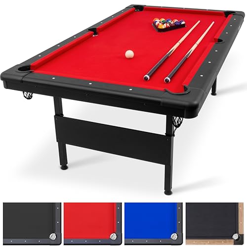 GoSports 6, 7, or 8 ft Billiards Tables - No Assembly, Choose Your Color - Portable Pool Table Includes Full Set of Balls, 2 Cue Sticks, Chalk and Felt Brush - style: 7ft Red