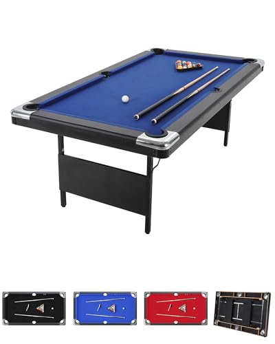6/7 ft Pool Table, Folding Billiard Table, Portable Pool Tables with Billiard Balls, 2 Cue Sticks, Felt Brush & Chalk for Family Game Room & Home Recreation - color: Blue-6FT