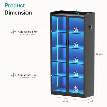 Lvifur 5 Tier Display Cabinet for Living Room, LED Bookcase with Human Body Induction Lights, 65” Tall Curio Cabinets with Adjustable Shelves for Office (Black) - color: Black