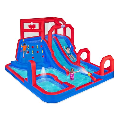 Sunny & Fun Mega Climb N’ Go Inflatable Water Slide Park – Heavy-Duty for Outdoor Fun - Climbing Wall, 2 Slides & Deep Splash Pool – Easy to Set Up & Inflate with Included Air Pump & Carrying Case - color: Blue/Red