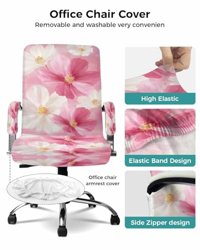 Pink Cosmos Office Chair Cover with Armrest Covers, Spring Flower Daisy Universal Stretch Desk Rotating Chair Slipcovers, Retro Removable Seat Protector with Zipper, L - color: White Pink, size: Large & 2PCS Armrest Covers