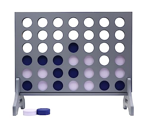 Giant 4 in a Row Game for Family & Adults – Tailgating Pros Jumbo Grey Wooden Four in a Row Indoor & Outdoor Yard Game for Family Party Fun, Portable Activities for Patio, Backyard, and Camping - color: Blue / White