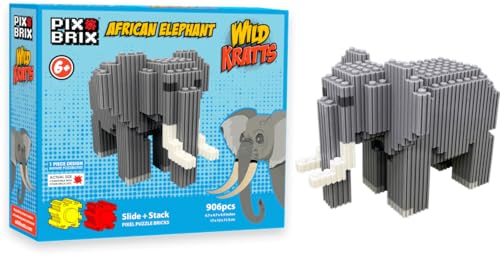 Pix Brix - Toy Pixel Art Kit - African Elephant, 906 Pieces - Patented Slide + Stack Pixel Puzzle Building Bricks, Build & Collect Animals - Stem Toys, Ages 6 Plus - style: African Elephant