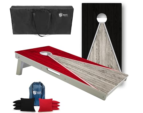 Tailgating Pros All-Weather Cornhole Boards - 4'x2' Weather Resistant Cornhole Set- Carrying Case & Set of 8 Corn Hole Bean Bags w/Tote Included - color: Red/Black Pyramid