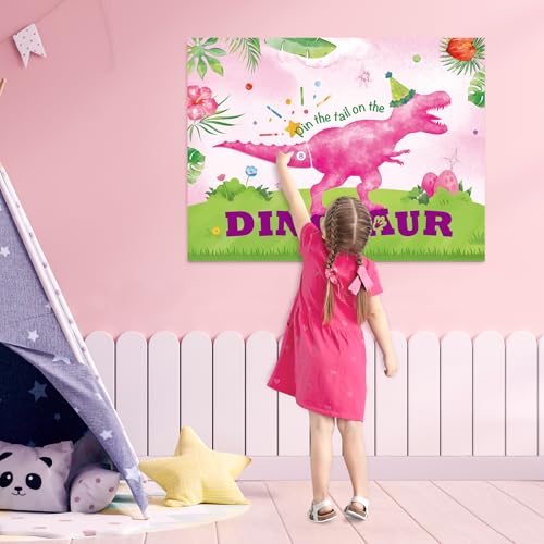 WERNNSAI Pin The Tail on The Dinosaur - Girl Dinosaur Party Decorations Pink Dino Party Games for Birthday Celebration Supplies 21" x 28" Poster with 24 PCS Tails Stickers - style: Dinosaur F 002