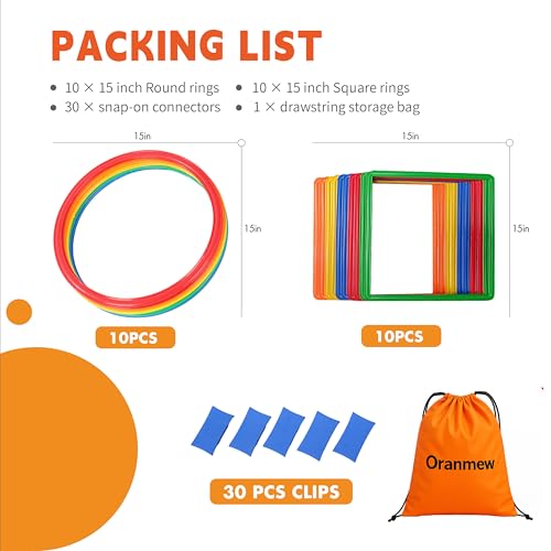 Hopscotch Rings – Hoop + Square, 2-Set – (10 Round + 10 Square, 15-inch) + 30 Connectors, Agility Rings for Kids, Gross Motor Skills, Preschool & Kindergarten PE, Playground Obstacle Course - style: 15" Square + Hoop – 2 Set