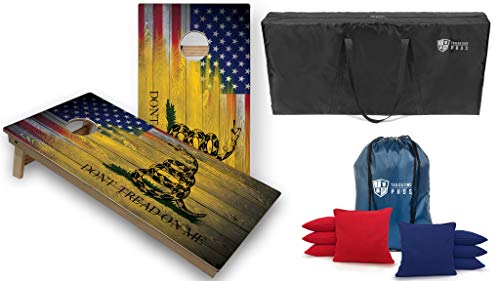 Tailgating Pros Tournament Grade American Themed Cornhole Board Set w/Bean Bags and Carrying Case - 4'x2' Cornhole Set - color: US/Gadsden Flag