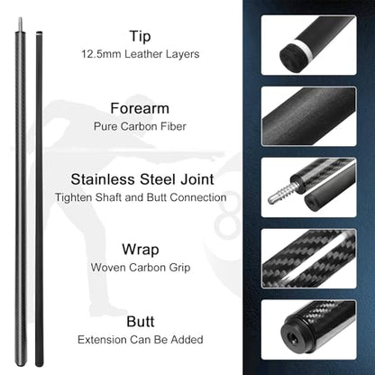 Carbon Fiber Pool Cue Stick Low Deflection Shaft Professional Billiard Cue Stick with Hard Case and Accessories,12.5mm Tip, 58",20OZ 21OZ