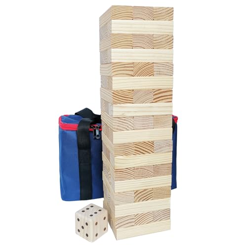 Jac & Mok Tumble Tower Wooden Toppling Blocks Game Set,Stacking Timber Games with Carrying Bag (54 pcs Large Tumble Tower with Dice)