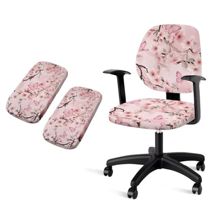 Pink Floral Butterfly Computer Chair Cover 4-Piece Set with Armrest Pads Easy to Clean Desk Chair Covers for Home and Rotating Chairs - color: Pink Floral Butterfly