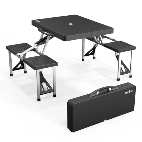 VINGLI 4Ft Portable Folding Picnic Table Camping Table Foldable Set with 4 Seats with Umbrella Hole Suitcase Card Table-220 Lbs Support Aluminum Frame, Plastic RV Tabletop for Yard, Travel - color: Black
