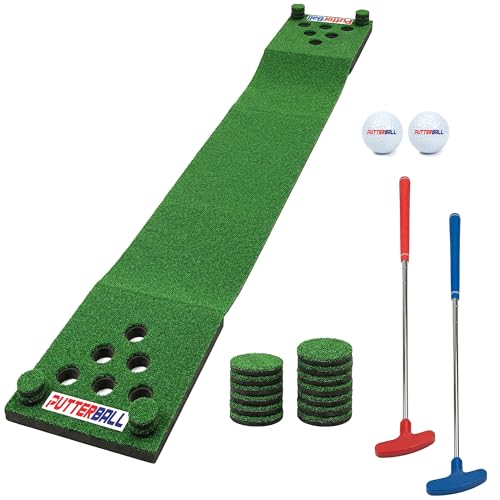 PutterBall Original Golf Putting Game Set – Backyard 12 ft Putting Green Pong Style Golf Mat with 2 Putters, 2 Balls & Hole Covers