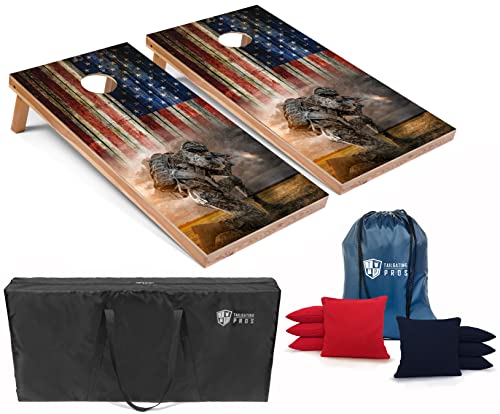 Tailgating Pros American Themed Lightweight Corn Hole Board Set w/Bean Bags and Carrying Case - 4'x2' Cornhole Toss - color: Soldier Kneeling