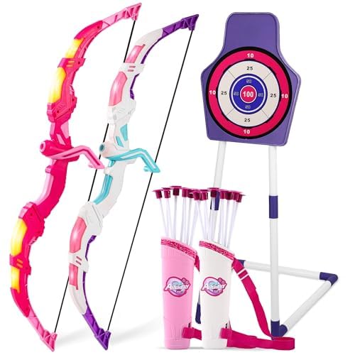 Bow and Arrow Set for Kids, 2 Pack LED Light Up Archery Set with 20 Suction Cup Arrows, Indoor and Outdoor Toy for Boys Girls Age 4-8 8-12 with Standing Target&2 Quivers, Birthday Gift 3-12 Years Old - color: Pink&White