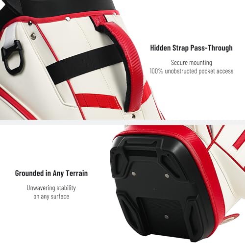 uniHimal Golf Cart Bag with 14-Way Full-Length Dividers, Premium PU Leather Golf Bag for Men Women with Plush Top, Magnetic Pocket and Rain Cover, Lightweight Golf Club Bag Includes Cooler Pockets - color: Beige Red