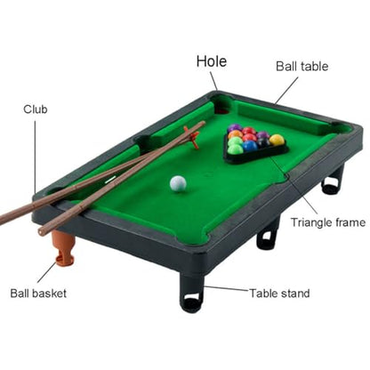 1Set Mini Tabletop Pool Set Small Billiards Game Includes Game Balls, Sticks and Triangle Rack Travel Friendly Office Desk Games for The Whole Family