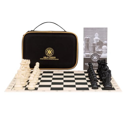 A&A Chess Set - 15''x15'' Foldable Silicone Chessboard and 3.25'' King Height Weighted Plastic Staunton Pieces with Carrying Case for Portable Travel
