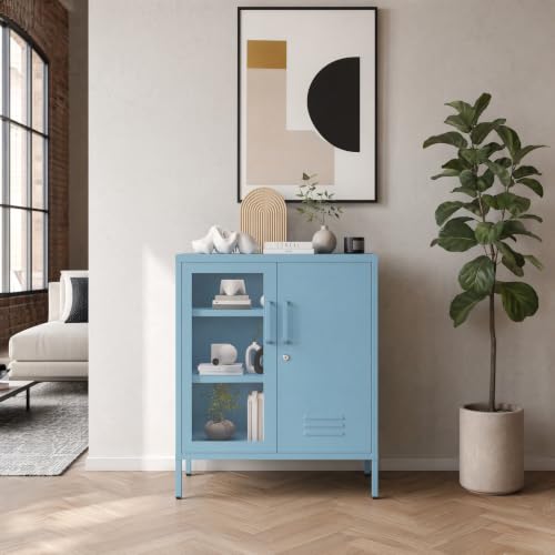 Lockable Metal Storage Cabinet Locker Adjustable Shelves, Multifunctional Versatile Storage Lockers, Easy Assembly Durable Metal Sideboard Furniture for Bedroom Home Office Blue - color: Blue, style: 33"H-Locker-BT