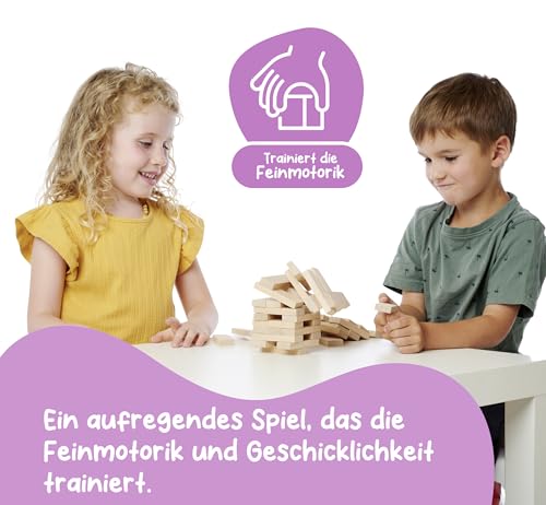 Eichhorn Stacking Game, Skill Game for The Whole Family, Balance Tower Made of Untreated Wood, Wobble Tower 54 Pieces, Suitable from 5 Years