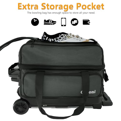 Goloni Double Roller 2 Ball Bowling Bag with Separate Shoe Compartment,2 Ball Bowling Bag with Wheels,Retractable Handle Extends to 40" - color: Dark Grey