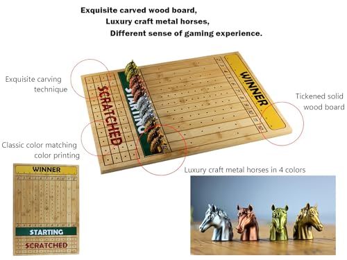 Metal Horse Race Board Game Set with Horse Racing Thick & Solid Wood Game Board(16”/Natural),11 Luxurious with 4Antique(Gold,Silver,Red Cooper&Bronze) Metal Craft Horses, Dice&Cards (HR-M554) - color: Hr-m554