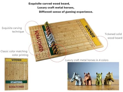 Metal Horse Race Board Game Set with Horse Racing Thick & Solid Wood Game Board(16”/Natural),11 Luxurious with 4Antique(Gold,Silver,Red Cooper&Bronze) Metal Craft Horses, Dice&Cards (HR-M554) - color: Hr-m554