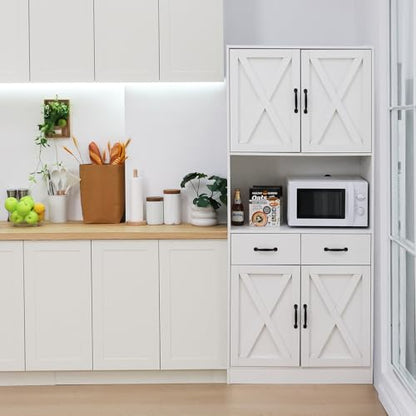71" Tall Kitchen Pantry Cabinet，Farmhouse Storage Cabinet with Barn Doors and Adjustable Shelves, Heavy Duty White Microwave Cabinet with Drawers for Dining Room, Living Room - color: White, style: Pantry Cabinet