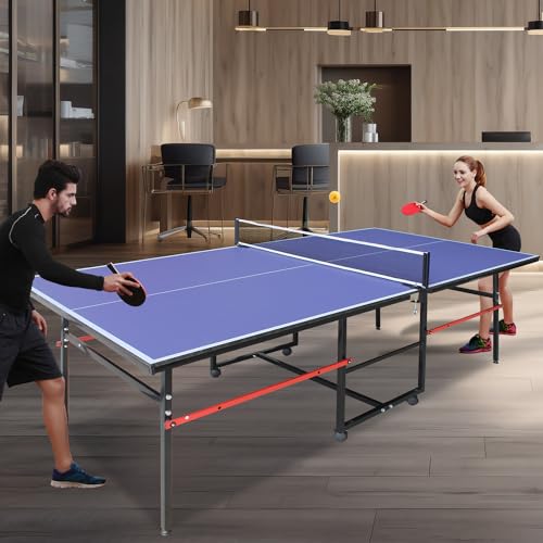 KEIKI Foldable 8FT/8.5FT/9FT Ping Pong Table Set, Portable Indoor Table Tennis Table with 0.2'' Durable MDF Top, Quick Game Mesa de Ping Pong para Adultos with Net, 2 Paddles & 3 Balls - color: Blue, size: 8FT