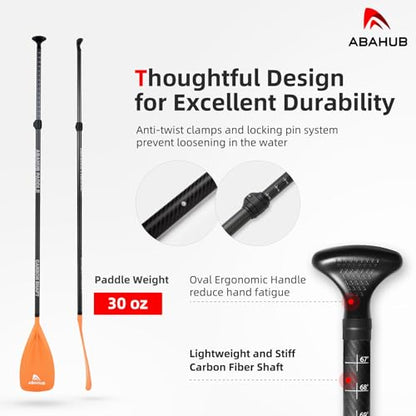 Abahub 1 x 3 Section Carbon Fiber SUP Paddle, Adjustable 67''-86'' Stand Up Paddle Lightweight Carbon Shaft, Black/Blue/Yellow/Green/Orange/Red Plastic Blade + Paddle Bag - color: Orange-SUP Paddle