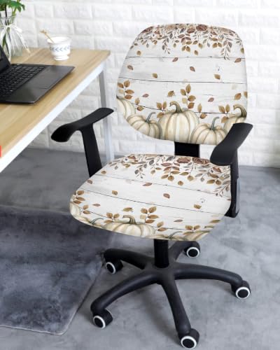 Savannan Office Chair Cover, Retro Fall Pumpkin Plant Rose Flower Protective Stretch Elastic Universal Cover for Desk Task Chair,Computer Rotating Chair 1 Pcs Gray Wooden