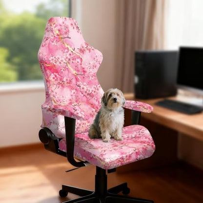 Suobstales Cherry Blossom Marble Pattern Gaming Chair Cover with 2 Armrest Covers, Non Slip Game Chair Cover with Zipper, Dustproof Washable Gaming Chair Seat Cover, Set of 4 - color: Cherry Blossom Marble