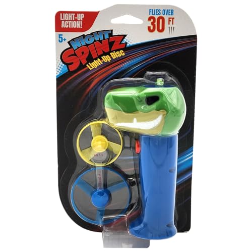 Spinz Night T-Rex Flying Disc Launcher, Light Up Propeller Outdoor Toy with Dinosaur Head and 2 Spinning Discs, Flies Over 30 Ft, 5+ Years - size: T-Rex