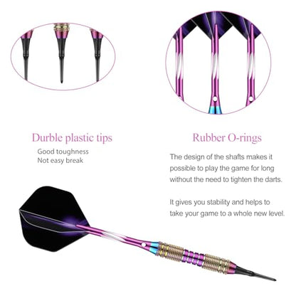 Soft tip Darts Set 18/20 Grams - Professional Darts Plastic Tip with Brass Barrel + Aluminum Shafts + 50 Rubber o-Ring + 6 Flights +50 Soft Tips for Electronic Dartboard - color: 20g-Purple