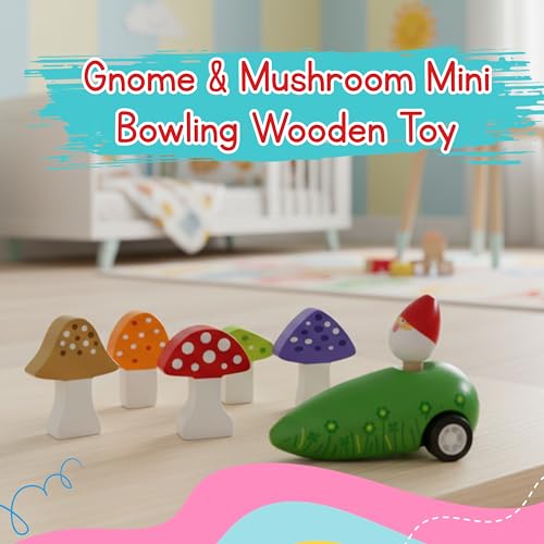 Jack Rabbit Creations Gnome & Mushroom Toddler Mini Bowling Set Game Indoor & Outdoor Toy for Kids- Wooden Skittles Set- Fun Montessori Game for Toddlers & Children