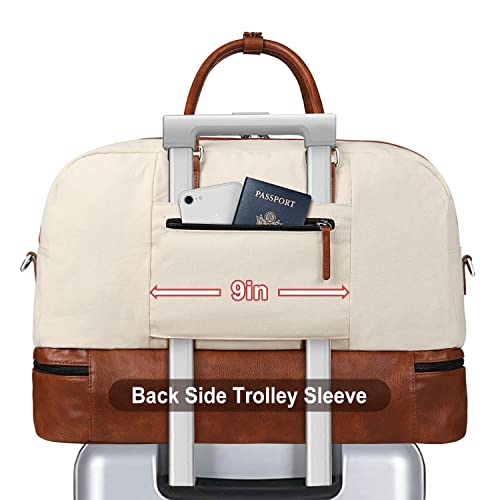 Weekender Bag for Women, Large Overnight Bag Canvas Travel Duffel Bag Carry On Tote with Shoe Compartment 21" 3Pcs Set - color: A01-brown+beige