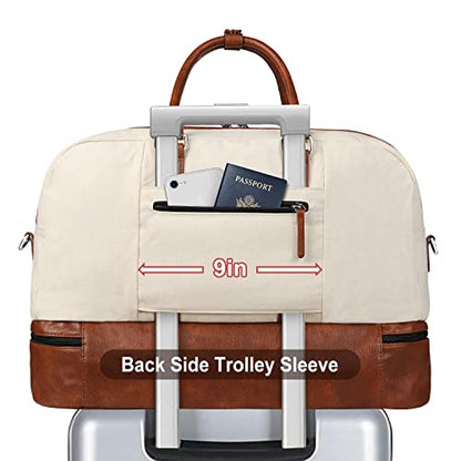 Weekender Bag for Women, Large Overnight Bag Canvas Travel Duffel Bag Carry On Tote with Shoe Compartment 21" 3Pcs Set - color: A01-brown+beige
