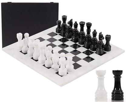 Marble Chess Set 15" Inches White and Black with Storage Box and 2 Extra Queen Handmade Classic Board Games for Adults, Luxury Marble Chess Board & Chess Pieces for Gifts - color: White & Black