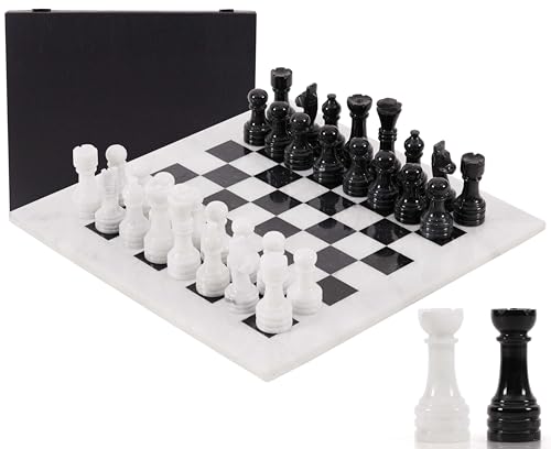 Marble Chess Set 15" Inches White and Black with Storage Box and 2 Extra Queen Handmade Classic Board Games for Adults, Luxury Chess Board & Marble Chess Set for Adults - color: White & Black