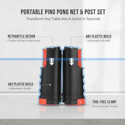 Retractable Table Tennis Net and Post Set, Clamp-On Ping Pong Net for Flat Surfaces, Portable ABS Plastic Game Accessory - color: Gold