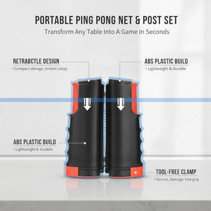 Retractable Table Tennis Net and Post Set, Clamp-On Ping Pong Net for Flat Surfaces, Portable ABS Plastic Game Accessory - color: Gold